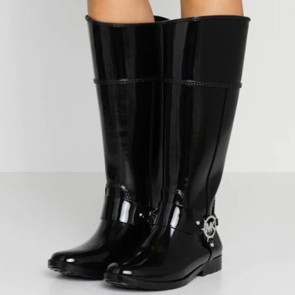 MICHAEL Michael Kors Women's Fulton Harness Rubber Rain Boots Size 10 Black Gold - Picture 1 of 12